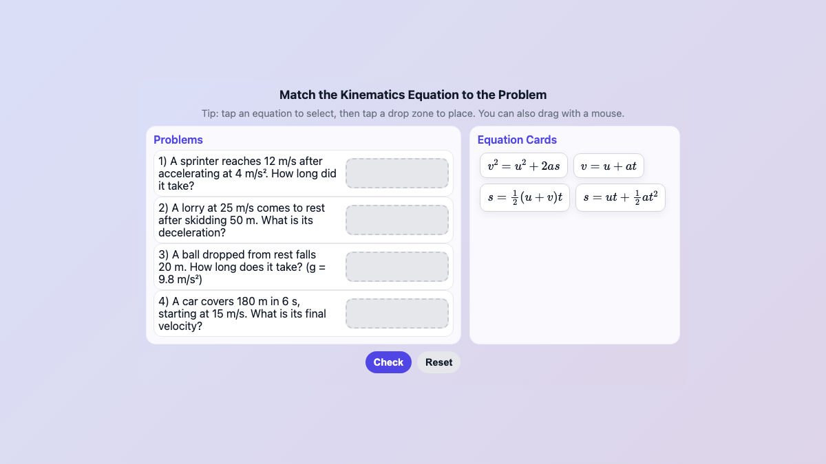 Kinematics Equations - which to use? interactive preview
